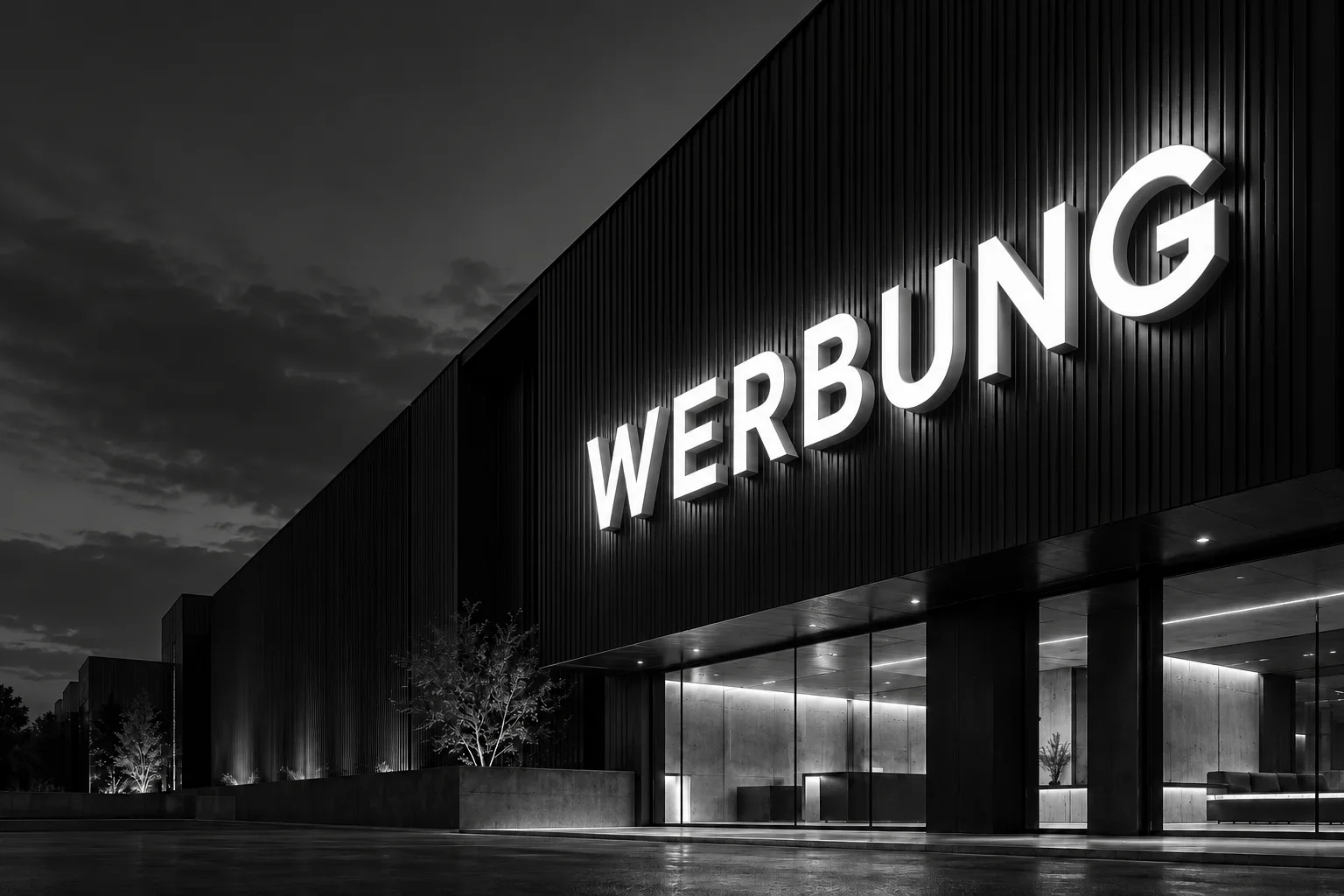 Visualisierung einer dunklen Fassade mit weiß leuchtendem WERBUNG-Schriftzug